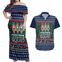 Nutcracker Squad Christmas Couples Matching Off Shoulder Maxi Dress and Hawaiian Shirt with Candy Cane and Snowflake Holiday Design - Wonder Print Shop