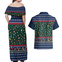 Nutcracker Squad Christmas Couples Matching Off Shoulder Maxi Dress and Hawaiian Shirt with Candy Cane and Snowflake Holiday Design - Wonder Print Shop