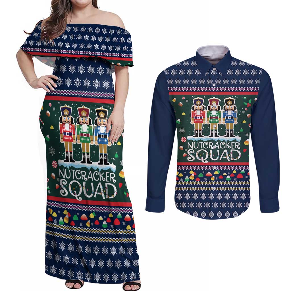 Nutcracker Squad Christmas Couples Matching Off Shoulder Maxi Dress and Long Sleeve Button Shirt with Candy Cane and Snowflake Holiday Design - Wonder Print Shop