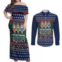 Nutcracker Squad Christmas Couples Matching Off Shoulder Maxi Dress and Long Sleeve Button Shirt with Candy Cane and Snowflake Holiday Design - Wonder Print Shop