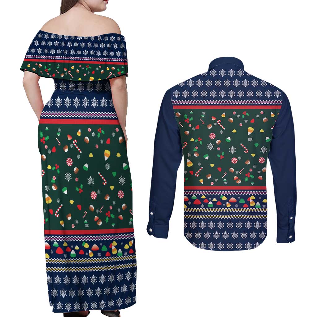Nutcracker Squad Christmas Couples Matching Off Shoulder Maxi Dress and Long Sleeve Button Shirt with Candy Cane and Snowflake Holiday Design - Wonder Print Shop