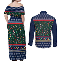 Nutcracker Squad Christmas Couples Matching Off Shoulder Maxi Dress and Long Sleeve Button Shirt with Candy Cane and Snowflake Holiday Design - Wonder Print Shop