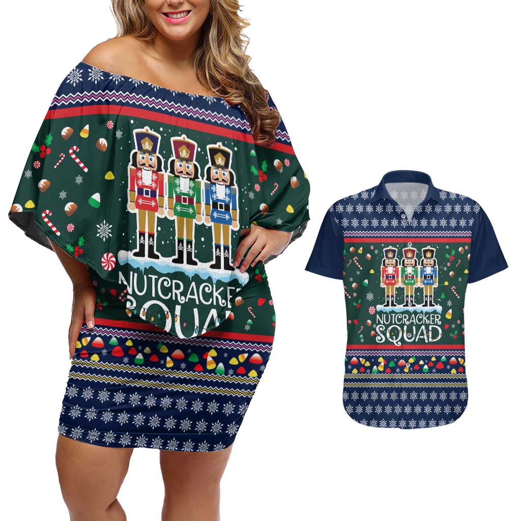 Nutcracker Squad Christmas Couples Matching Off Shoulder Short Dress and Hawaiian Shirt with Candy Cane and Snowflake Holiday Design - Wonder Print Shop