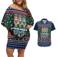 Nutcracker Squad Christmas Couples Matching Off Shoulder Short Dress and Hawaiian Shirt with Candy Cane and Snowflake Holiday Design - Wonder Print Shop