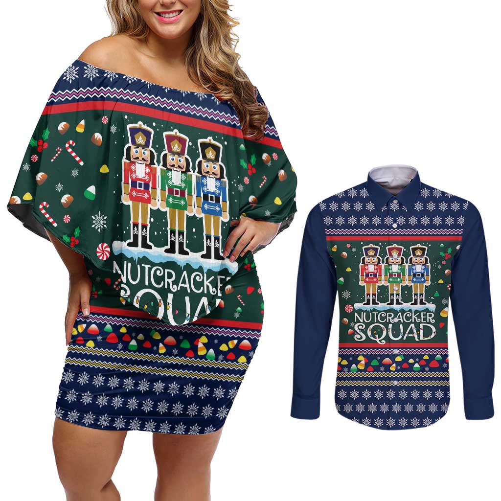 Nutcracker Squad Christmas Couples Matching Off Shoulder Short Dress and Long Sleeve Button Shirt with Candy Cane and Snowflake Holiday Design - Wonder Print Shop