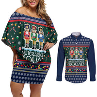 Nutcracker Squad Christmas Couples Matching Off Shoulder Short Dress and Long Sleeve Button Shirt with Candy Cane and Snowflake Holiday Design - Wonder Print Shop