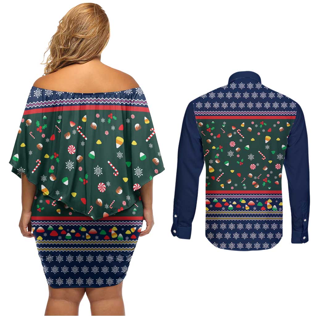 Nutcracker Squad Christmas Couples Matching Off Shoulder Short Dress and Long Sleeve Button Shirt with Candy Cane and Snowflake Holiday Design - Wonder Print Shop