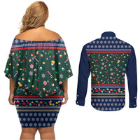 Nutcracker Squad Christmas Couples Matching Off Shoulder Short Dress and Long Sleeve Button Shirt with Candy Cane and Snowflake Holiday Design - Wonder Print Shop