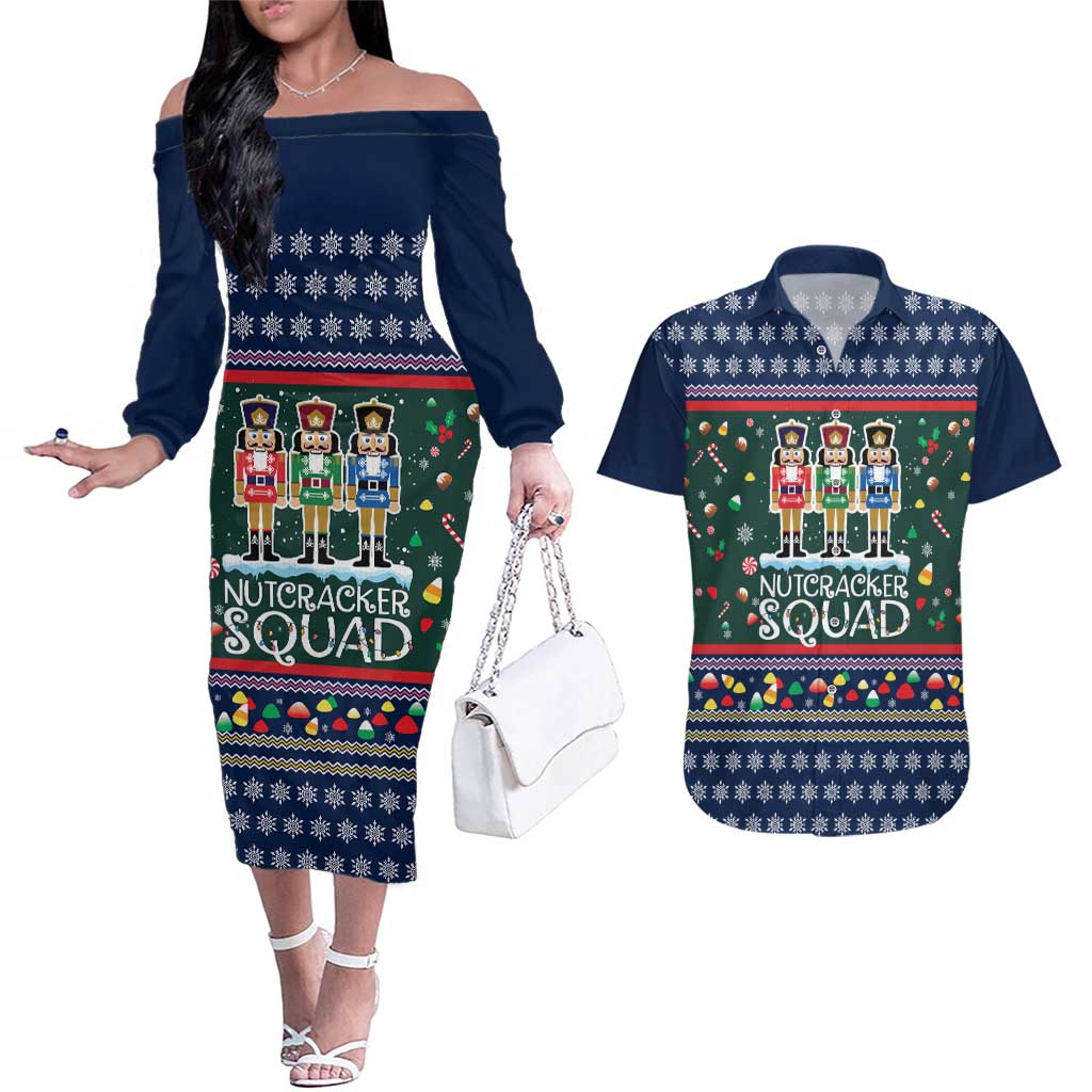 Nutcracker Squad Christmas Couples Matching Off The Shoulder Long Sleeve Dress and Hawaiian Shirt with Candy Cane and Snowflake Holiday Design - Wonder Print Shop