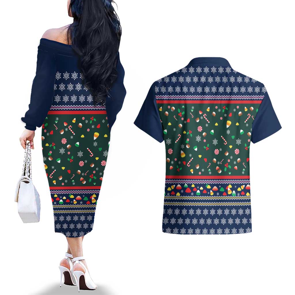 Nutcracker Squad Christmas Couples Matching Off The Shoulder Long Sleeve Dress and Hawaiian Shirt with Candy Cane and Snowflake Holiday Design - Wonder Print Shop