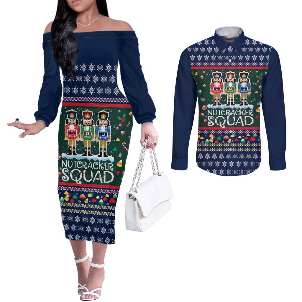 Nutcracker Squad Christmas Couples Matching Off The Shoulder Long Sleeve Dress and Long Sleeve Button Shirt with Candy Cane and Snowflake Holiday Design - Wonder Print Shop