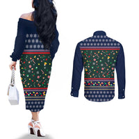 Nutcracker Squad Christmas Couples Matching Off The Shoulder Long Sleeve Dress and Long Sleeve Button Shirt with Candy Cane and Snowflake Holiday Design - Wonder Print Shop