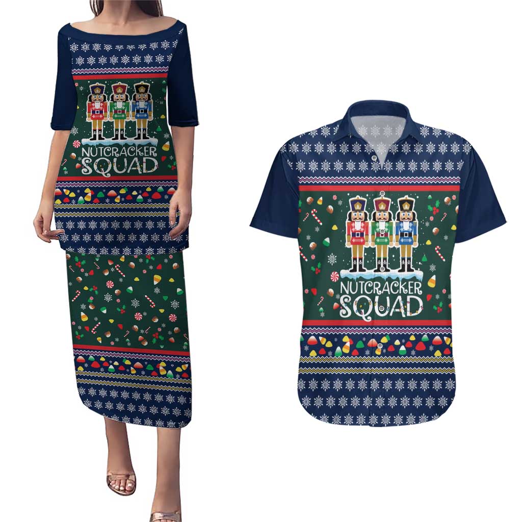 Nutcracker Squad Christmas Couples Matching Puletasi and Hawaiian Shirt with Candy Cane and Snowflake Holiday Design - Wonder Print Shop