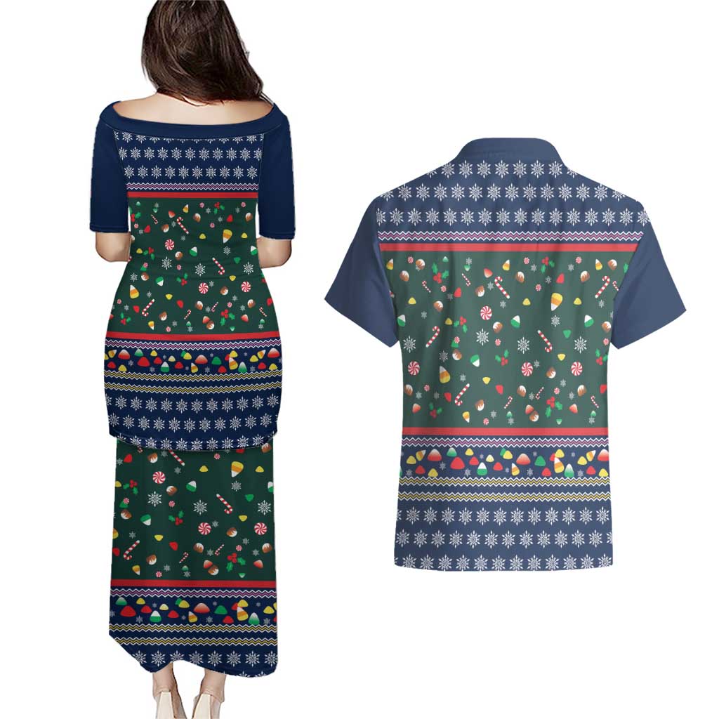 Nutcracker Squad Christmas Couples Matching Puletasi and Hawaiian Shirt with Candy Cane and Snowflake Holiday Design - Wonder Print Shop