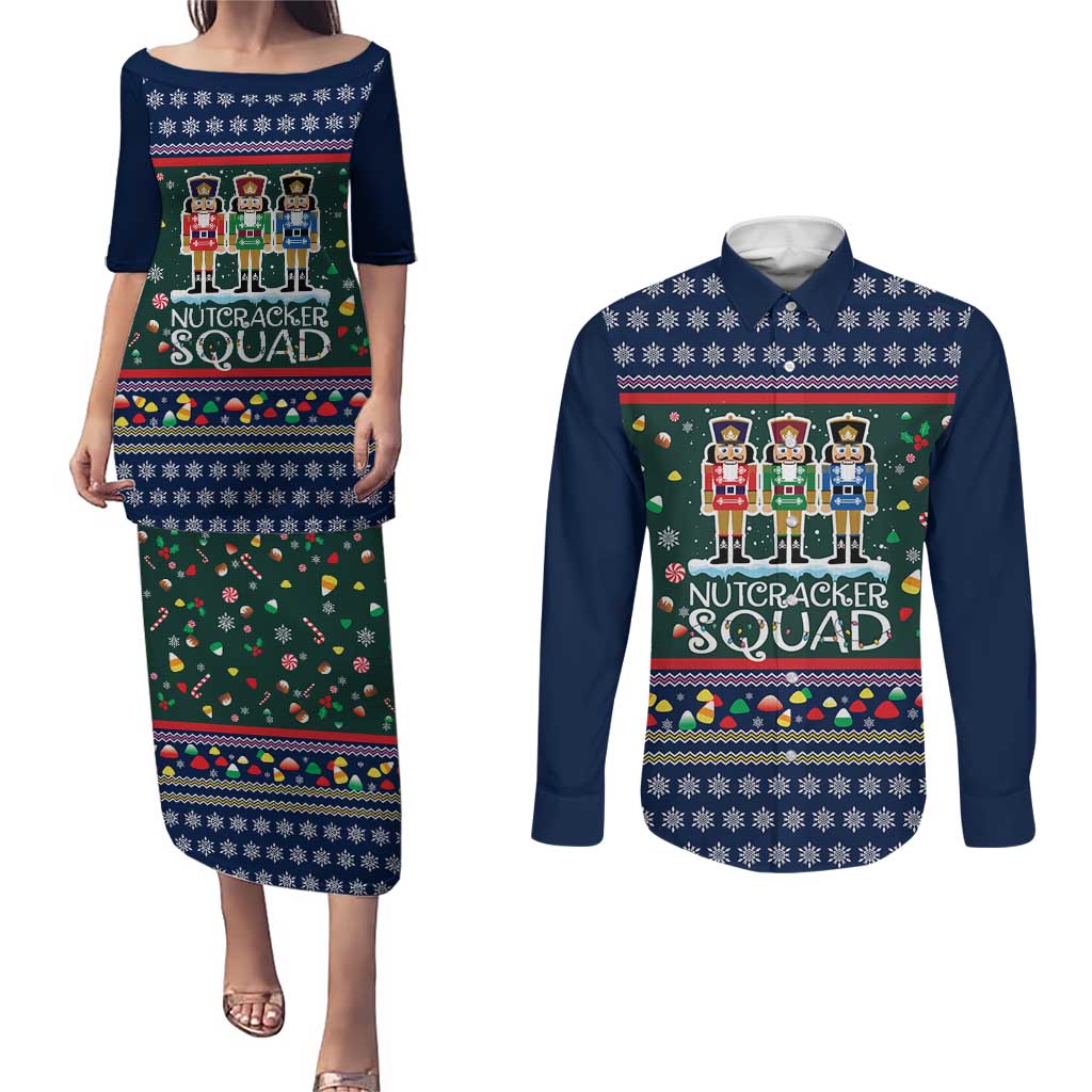 Nutcracker Squad Christmas Couples Matching Puletasi and Long Sleeve Button Shirt with Candy Cane and Snowflake Holiday Design - Wonder Print Shop