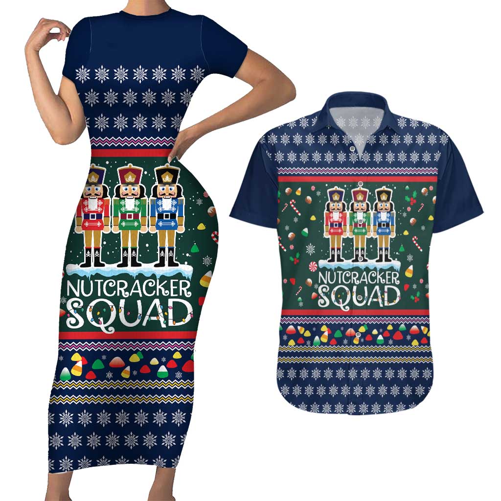 Nutcracker Squad Christmas Couples Matching Short Sleeve Bodycon Dress and Hawaiian Shirt with Candy Cane and Snowflake Holiday Design - Wonder Print Shop