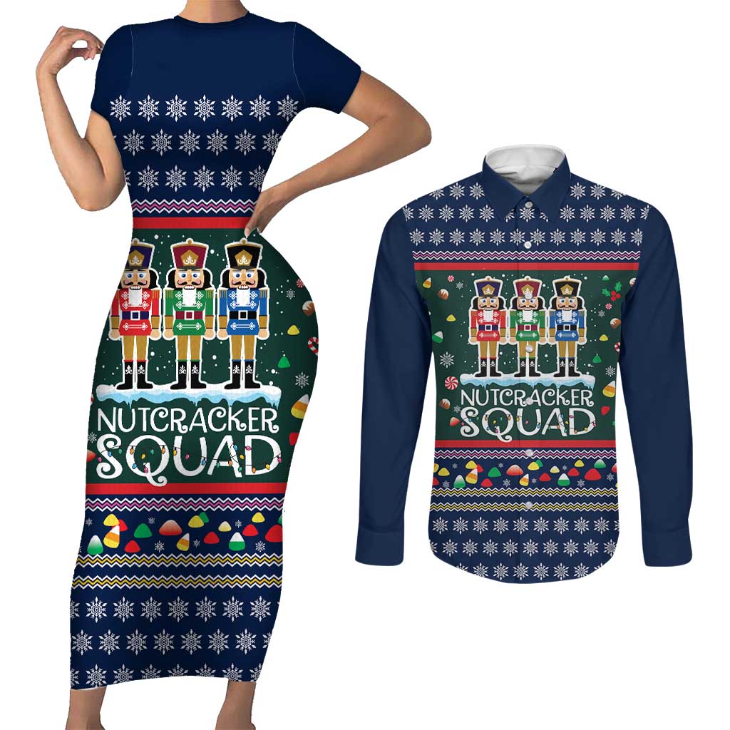 Nutcracker Squad Christmas Couples Matching Short Sleeve Bodycon Dress and Long Sleeve Button Shirt with Candy Cane and Snowflake Holiday Design - Wonder Print Shop