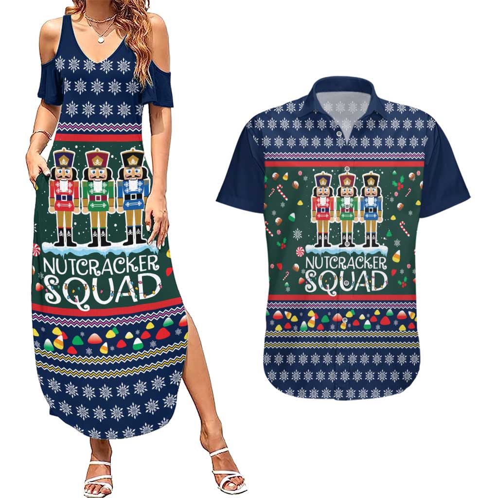 Nutcracker Squad Christmas Couples Matching Summer Maxi Dress and Hawaiian Shirt with Candy Cane and Snowflake Holiday Design - Wonder Print Shop