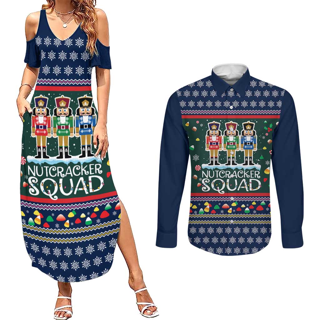 Nutcracker Squad Christmas Couples Matching Summer Maxi Dress and Long Sleeve Button Shirt with Candy Cane and Snowflake Holiday Design - Wonder Print Shop