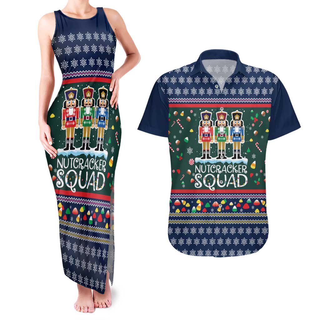 Nutcracker Squad Christmas Couples Matching Tank Maxi Dress and Hawaiian Shirt with Candy Cane and Snowflake Holiday Design - Wonder Print Shop