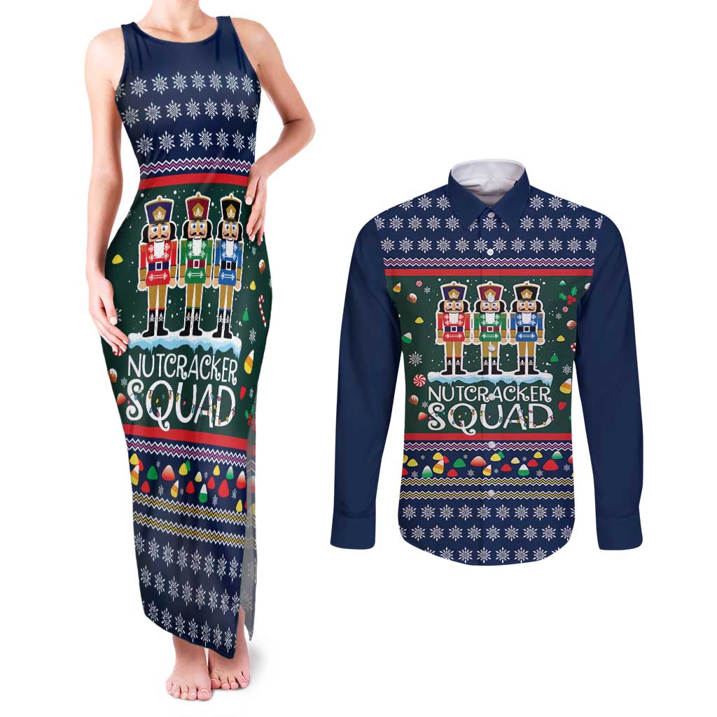 Nutcracker Squad Christmas Couples Matching Tank Maxi Dress and Long Sleeve Button Shirt with Candy Cane and Snowflake Holiday Design - Wonder Print Shop