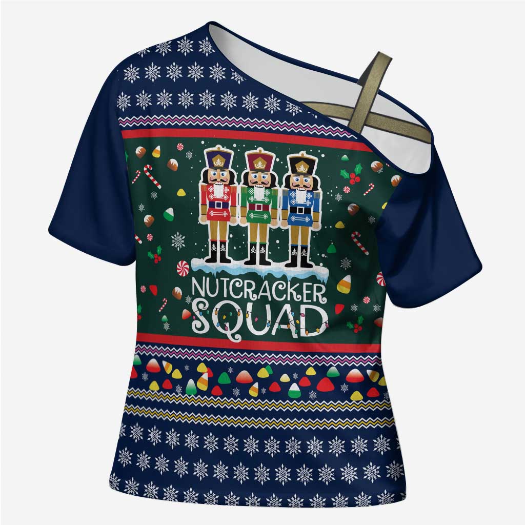 Nutcracker Squad Christmas Cross Shoulder Shirt with Candy Cane and Snowflake Holiday Design - Wonder Print Shop