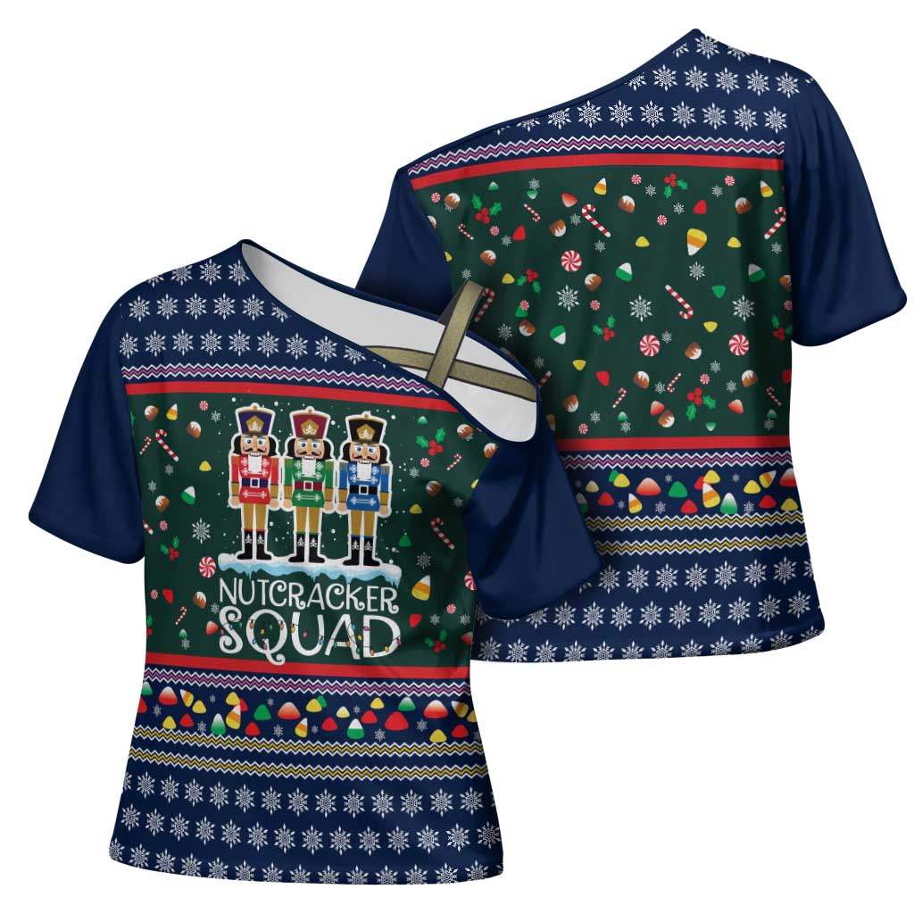 Nutcracker Squad Christmas Cross Shoulder Shirt with Candy Cane and Snowflake Holiday Design - Wonder Print Shop