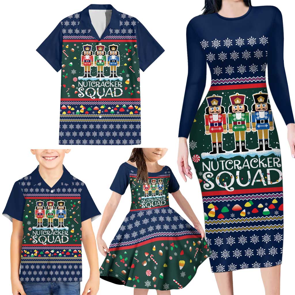Nutcracker Squad Christmas Family Matching Long Sleeve Bodycon Dress and Hawaiian Shirt with Candy Cane and Snowflake Holiday Design - Wonder Print Shop