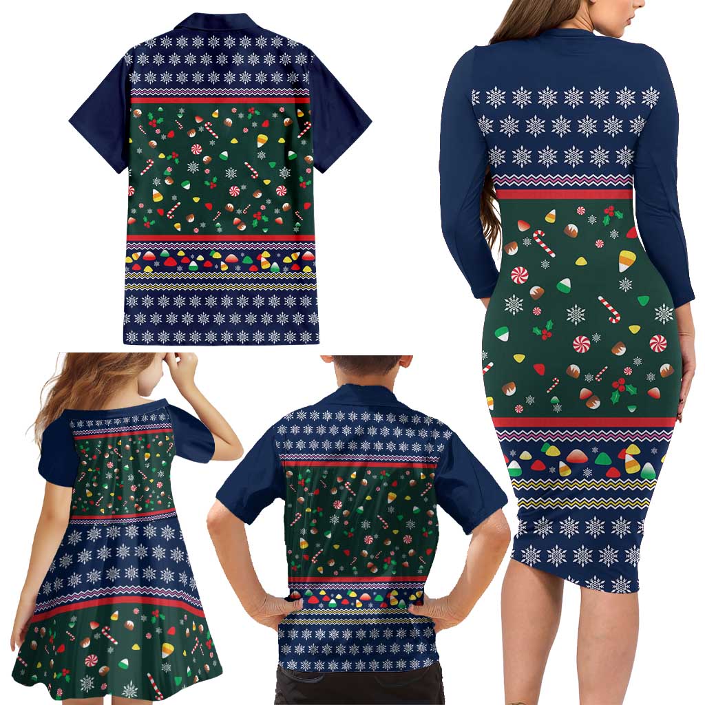 Nutcracker Squad Christmas Family Matching Long Sleeve Bodycon Dress and Hawaiian Shirt with Candy Cane and Snowflake Holiday Design - Wonder Print Shop