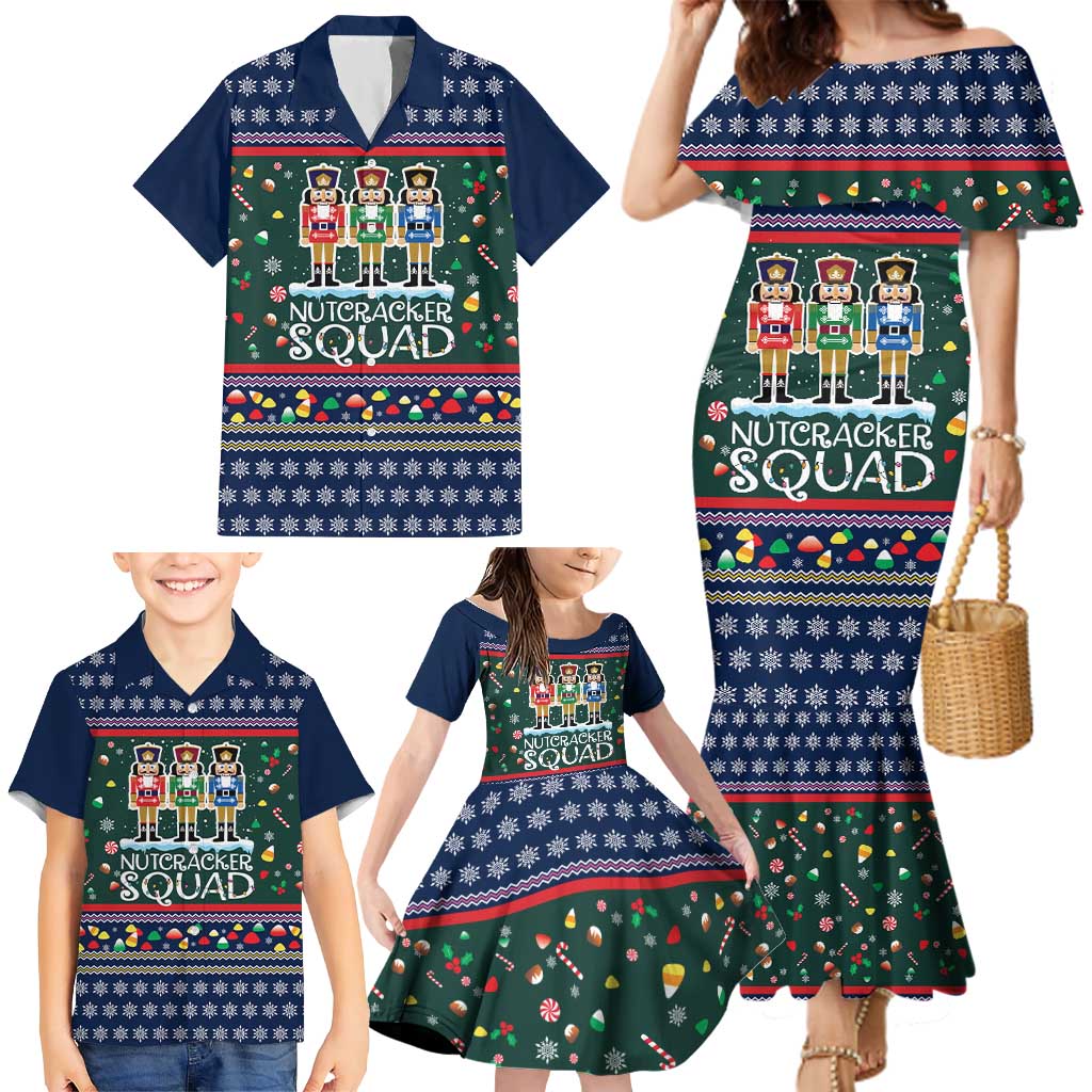Nutcracker Squad Christmas Family Matching Mermaid Dress and Hawaiian Shirt with Candy Cane and Snowflake Holiday Design - Wonder Print Shop