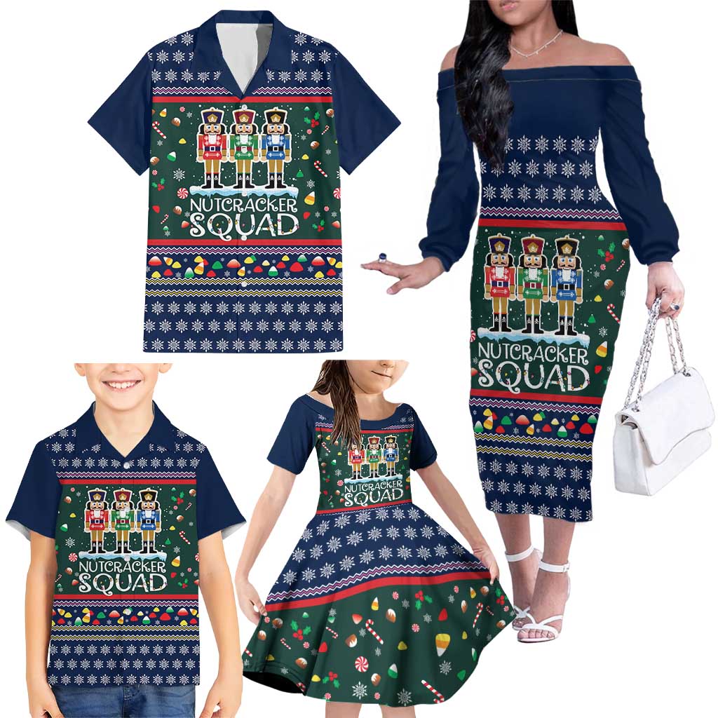 Nutcracker Squad Christmas Family Matching Off The Shoulder Long Sleeve Dress and Hawaiian Shirt with Candy Cane and Snowflake Holiday Design - Wonder Print Shop