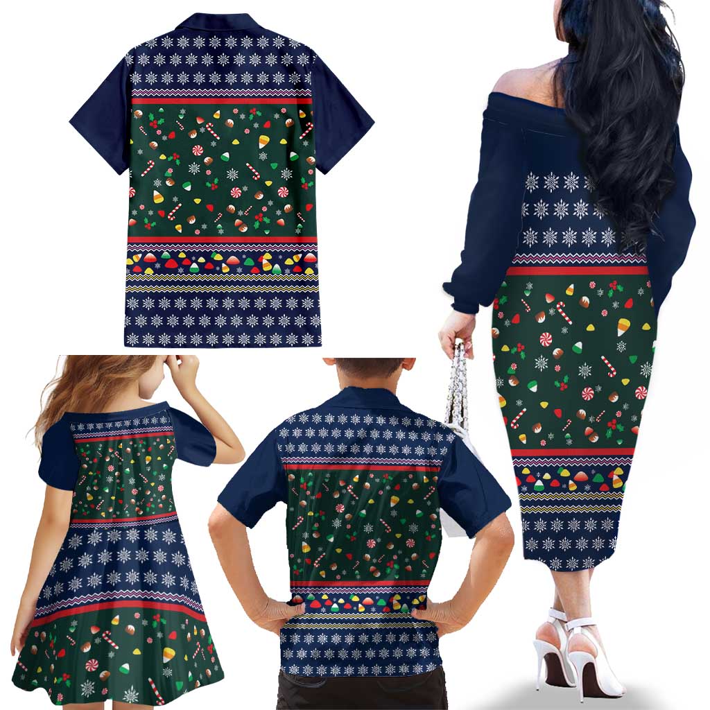 Nutcracker Squad Christmas Family Matching Off The Shoulder Long Sleeve Dress and Hawaiian Shirt with Candy Cane and Snowflake Holiday Design - Wonder Print Shop