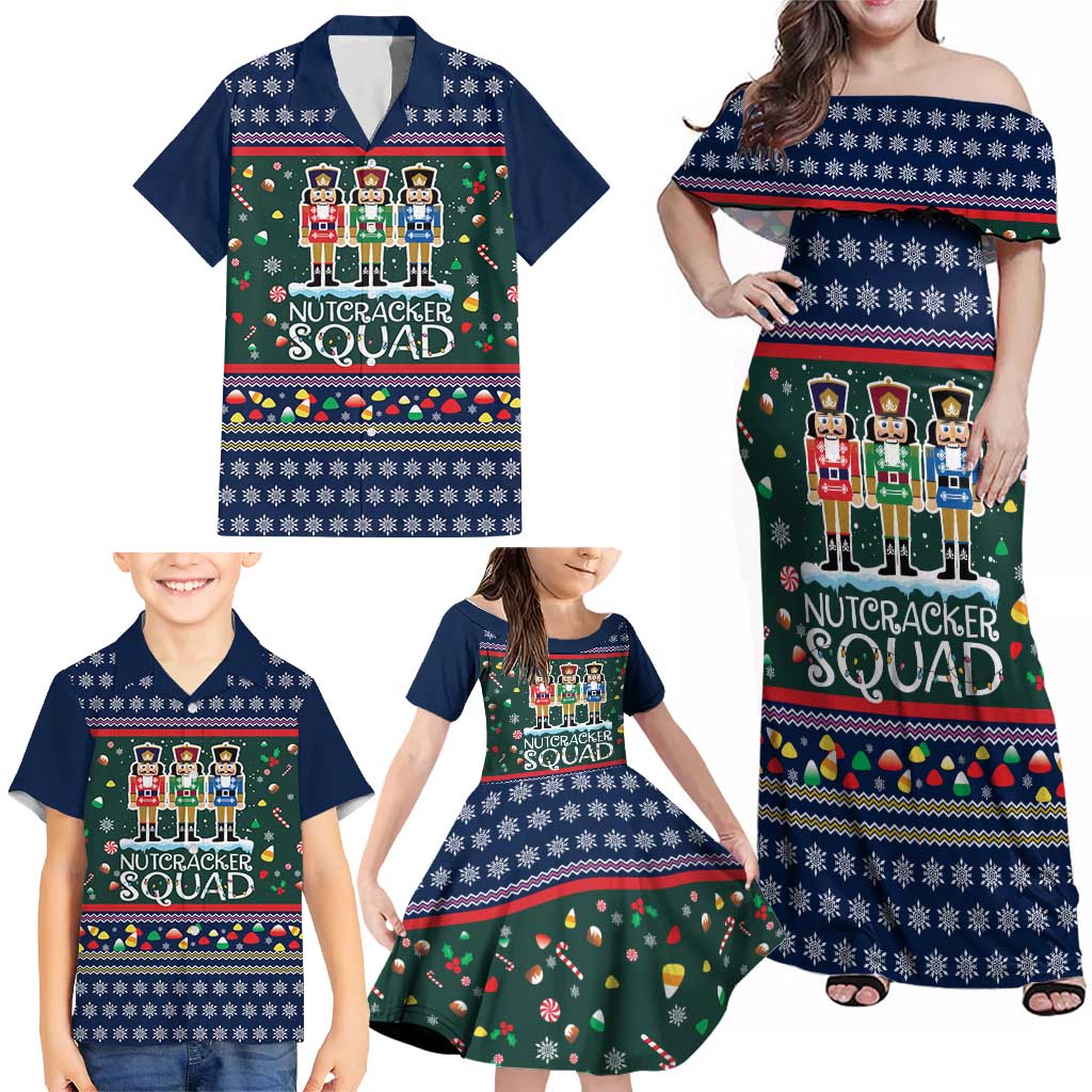 Nutcracker Squad Christmas Family Matching Off Shoulder Maxi Dress and Hawaiian Shirt with Candy Cane and Snowflake Holiday Design - Wonder Print Shop