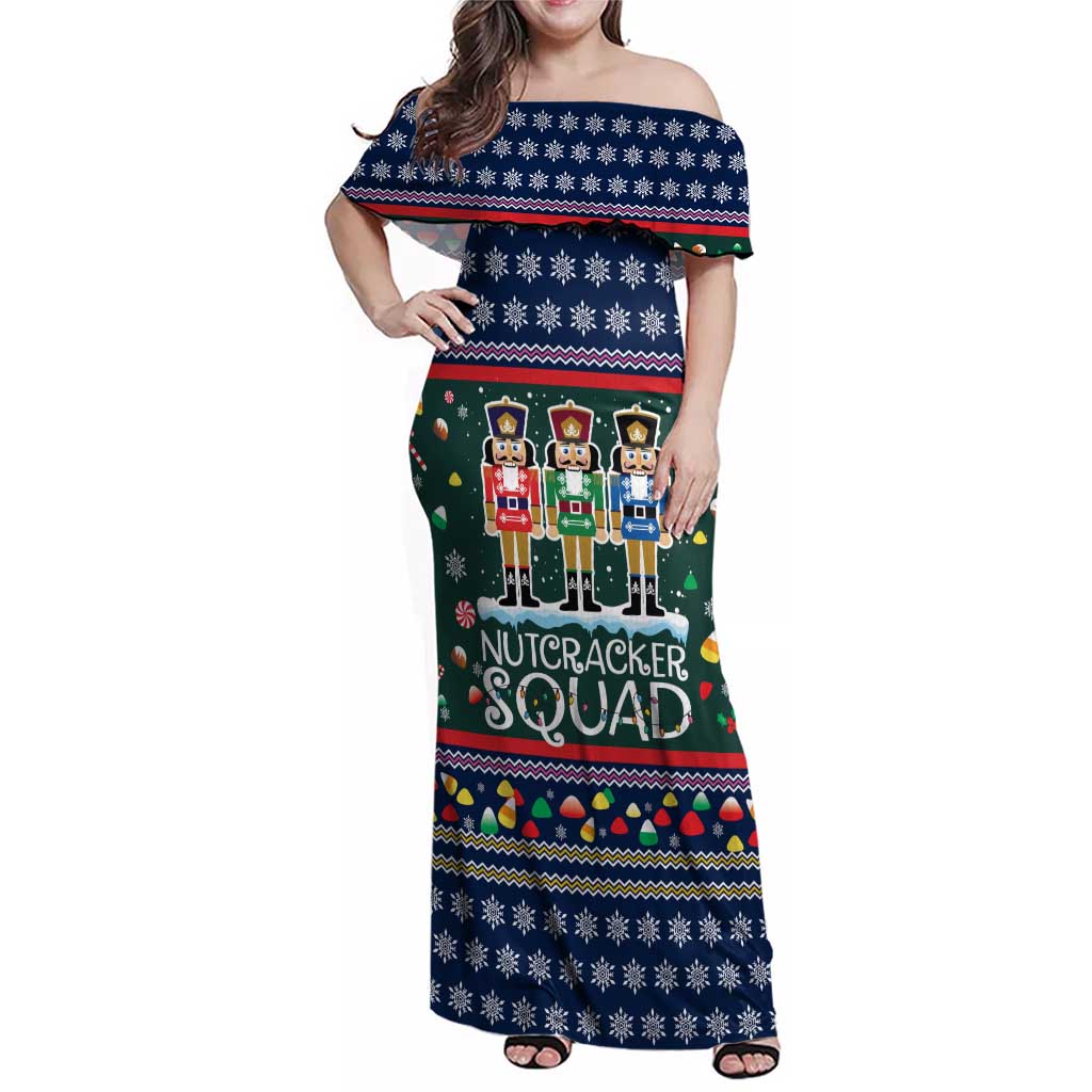Nutcracker Squad Christmas Family Matching Off Shoulder Maxi Dress and Hawaiian Shirt with Candy Cane and Snowflake Holiday Design - Wonder Print Shop