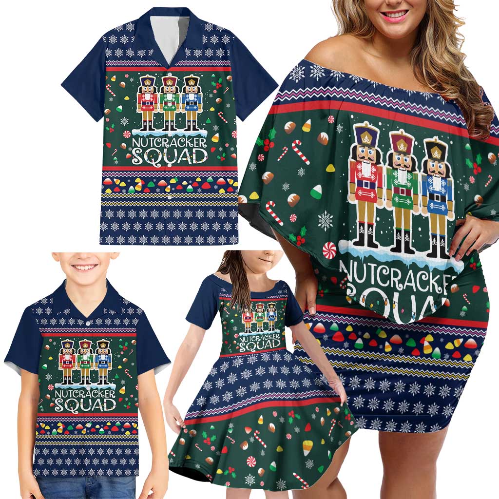 Nutcracker Squad Christmas Family Matching Off Shoulder Short Dress and Hawaiian Shirt with Candy Cane and Snowflake Holiday Design - Wonder Print Shop