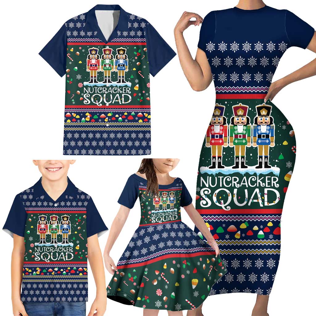 Nutcracker Squad Christmas Family Matching Short Sleeve Bodycon Dress and Hawaiian Shirt with Candy Cane and Snowflake Holiday Design - Wonder Print Shop