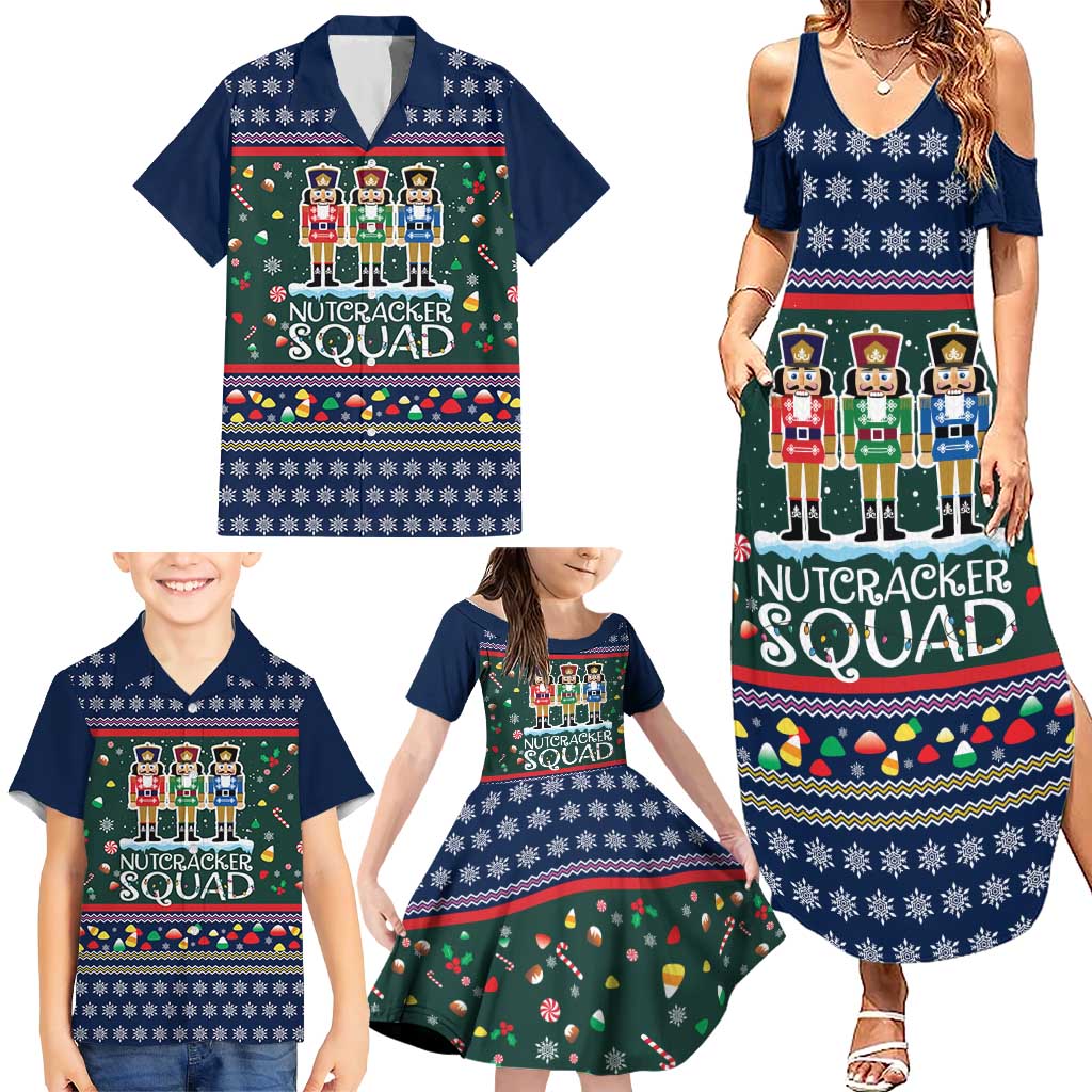 Nutcracker Squad Christmas Family Matching Summer Maxi Dress and Hawaiian Shirt with Candy Cane and Snowflake Holiday Design - Wonder Print Shop