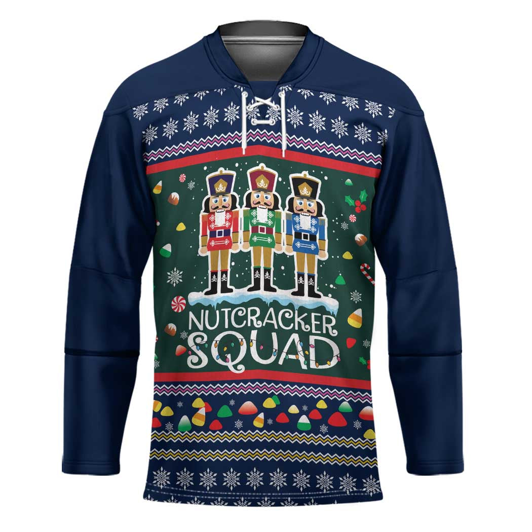 Nutcracker Squad Christmas Hockey Jersey with Candy Cane and Snowflake Holiday Design - Wonder Print Shop
