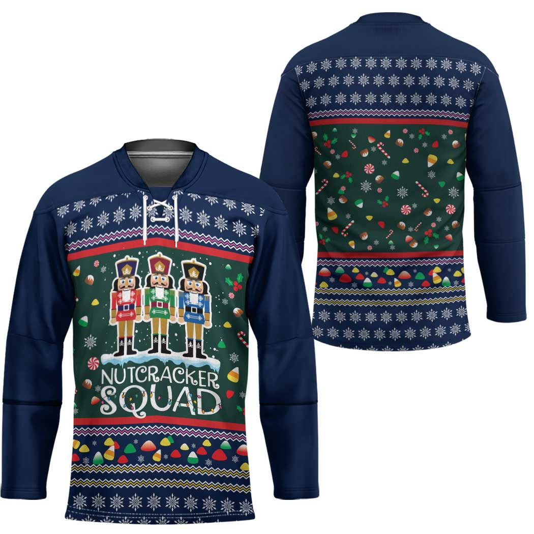 Nutcracker Squad Christmas Hockey Jersey with Candy Cane and Snowflake Holiday Design - Wonder Print Shop