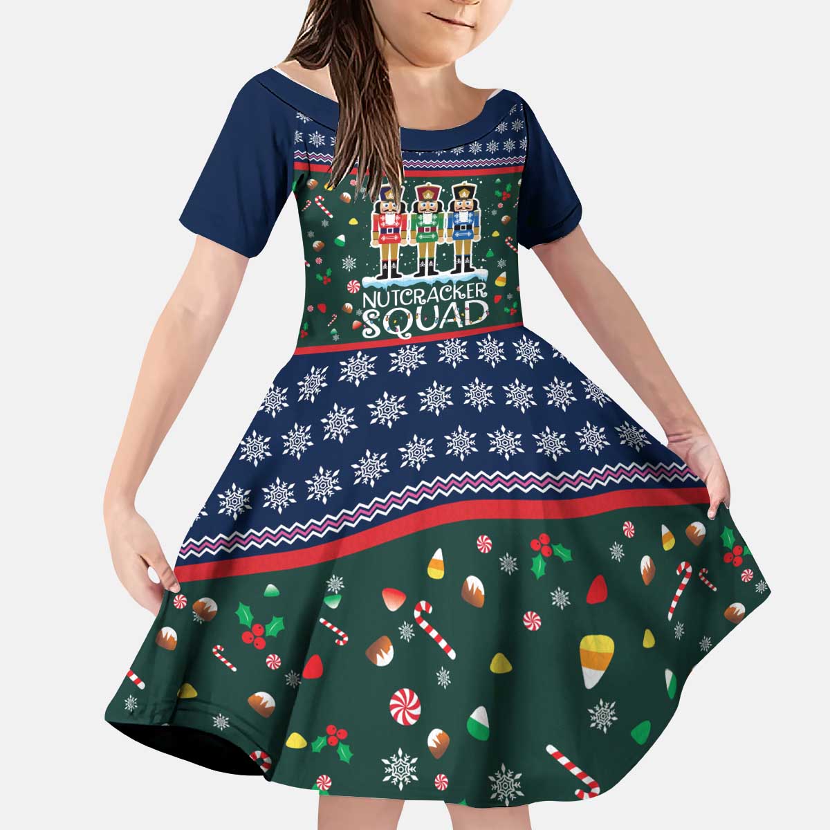 Nutcracker Squad Christmas Kid Short Sleeve Dress with Candy Cane and Snowflake Holiday Design - Wonder Print Shop