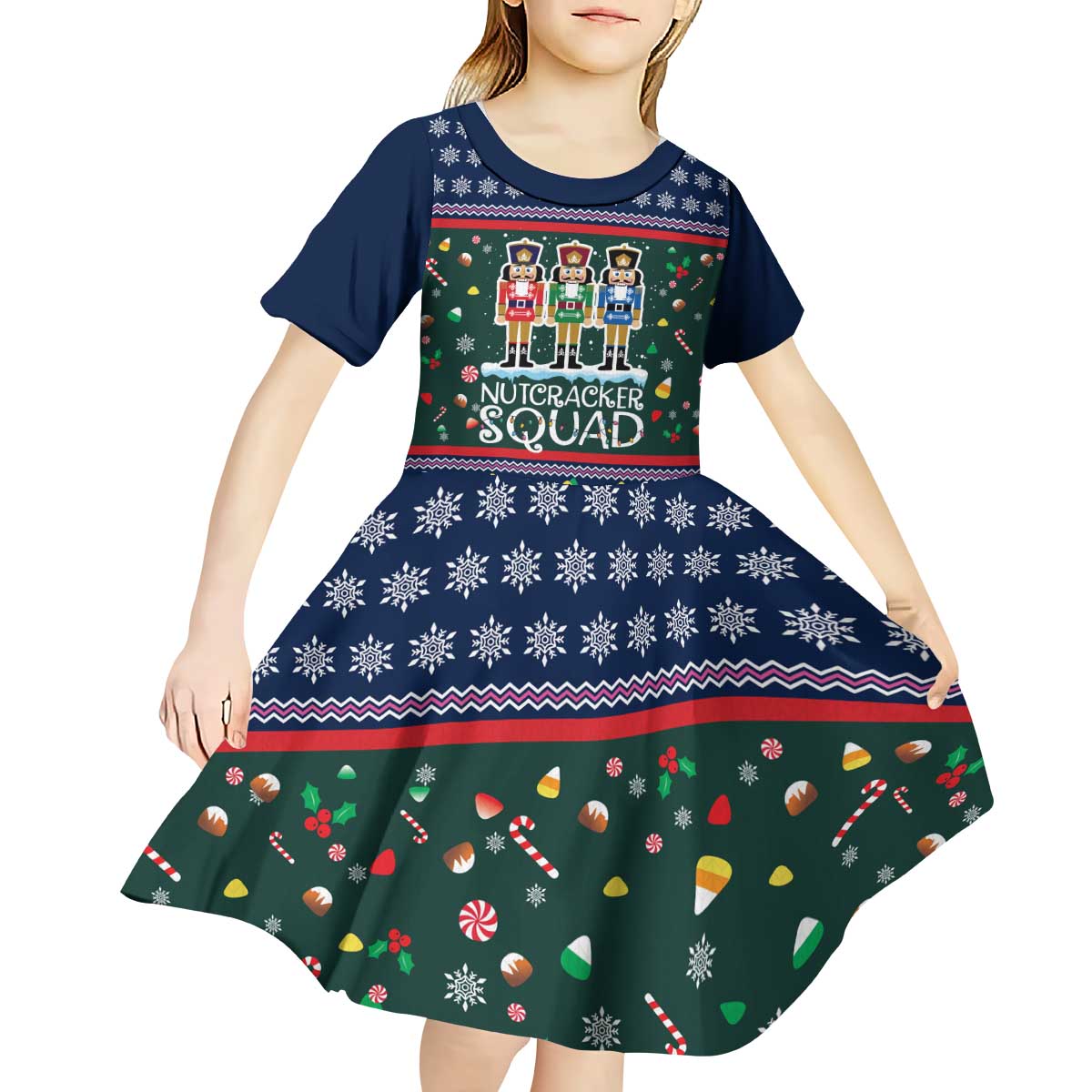 Nutcracker Squad Christmas Kid Short Sleeve Dress with Candy Cane and Snowflake Holiday Design - Wonder Print Shop