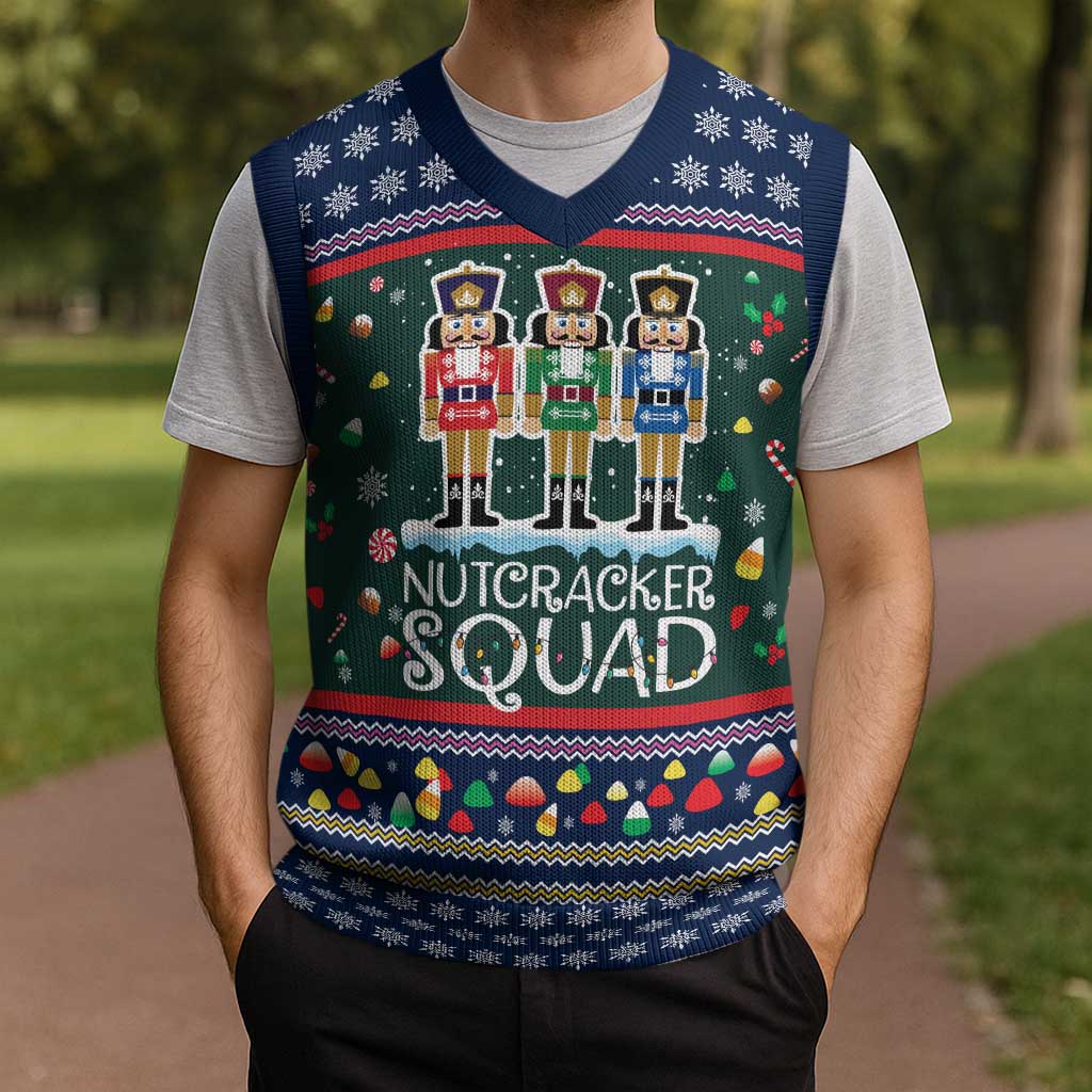 Nutcracker Squad Christmas Knitted V-Neck Vest with Candy Cane and Snowflake Holiday Design - Wonder Print Shop