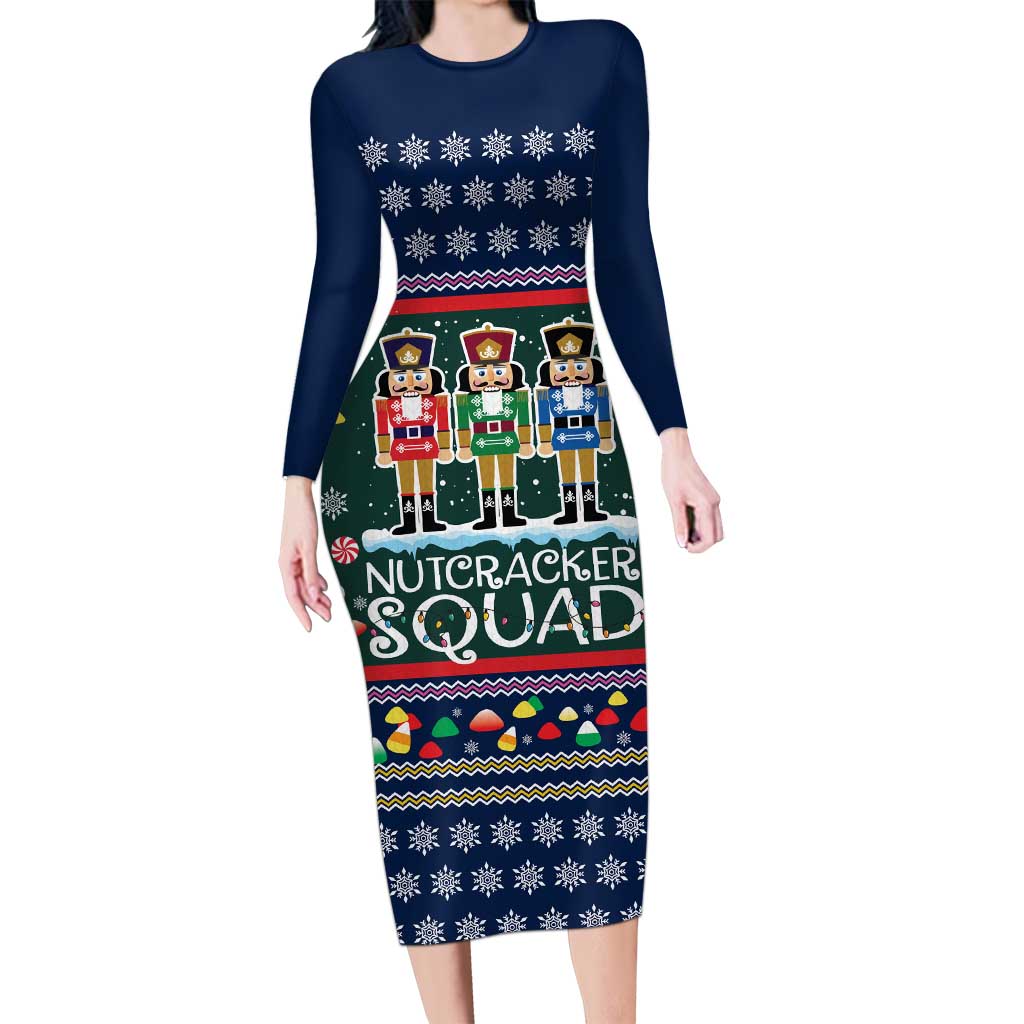 Nutcracker Squad Christmas Long Sleeve Bodycon Dress with Candy Cane and Snowflake Holiday Design - Wonder Print Shop