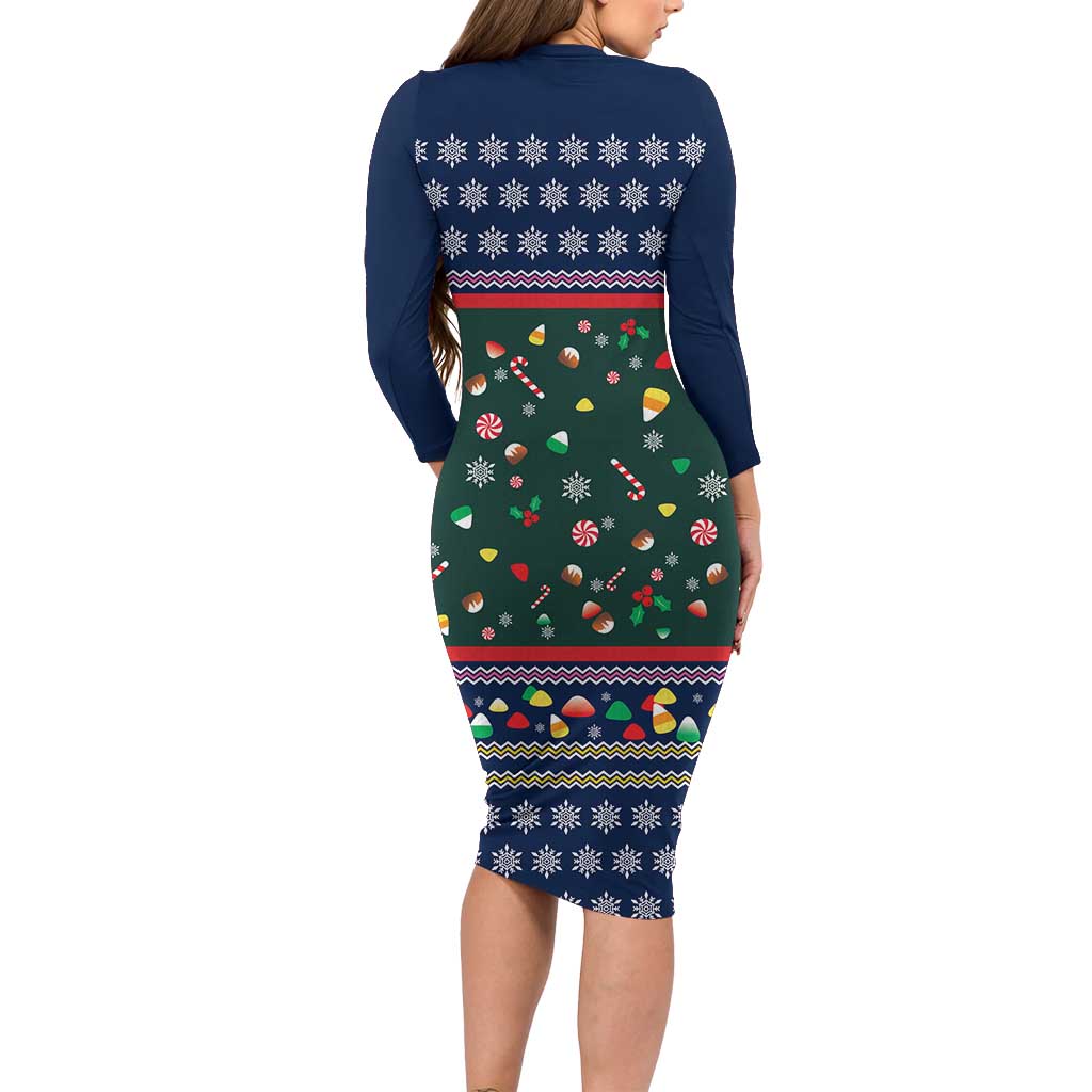 Nutcracker Squad Christmas Long Sleeve Bodycon Dress with Candy Cane and Snowflake Holiday Design - Wonder Print Shop