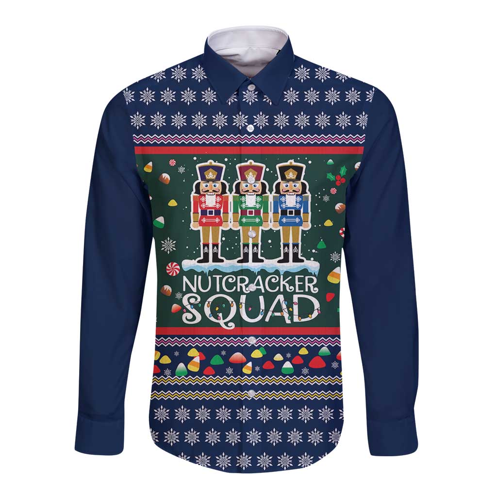 Nutcracker Squad Christmas Long Sleeve Button Shirt with Candy Cane and Snowflake Holiday Design - Wonder Print Shop