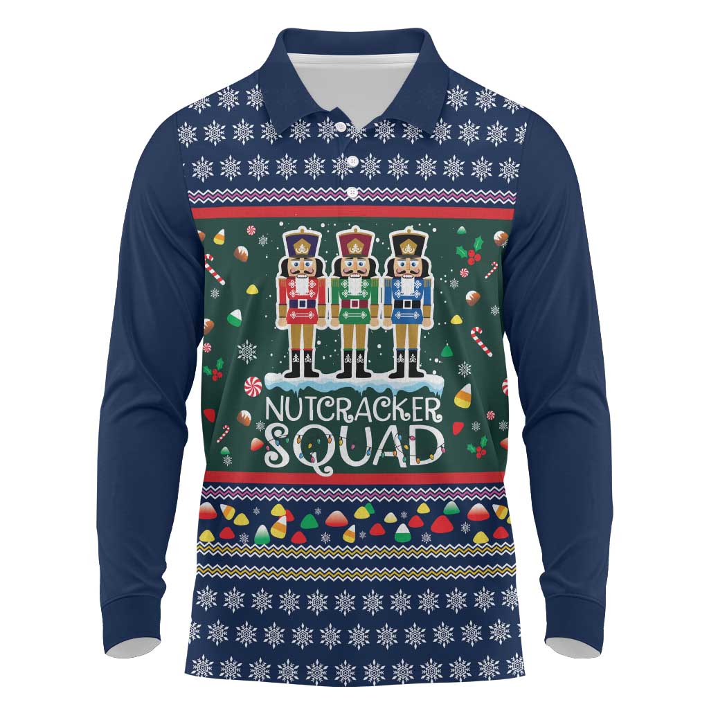 Nutcracker Squad Christmas Long Sleeve Polo Shirt with Candy Cane and Snowflake Holiday Design - Wonder Print Shop