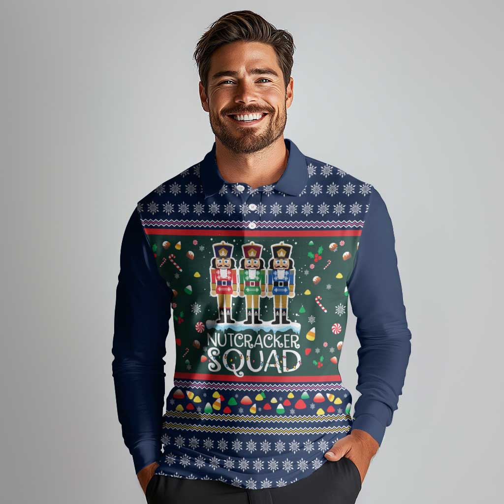 Nutcracker Squad Christmas Long Sleeve Polo Shirt with Candy Cane and Snowflake Holiday Design - Wonder Print Shop
