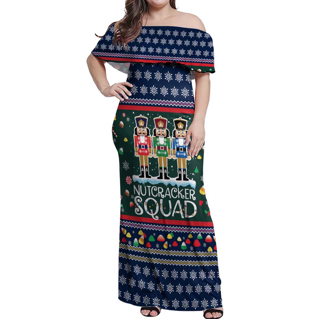 Nutcracker Squad Christmas Off Shoulder Maxi Dress with Candy Cane and Snowflake Holiday Design - Wonder Print Shop