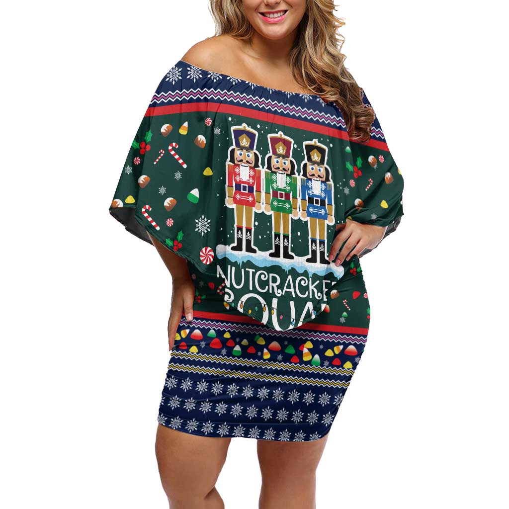 Nutcracker Squad Christmas Off Shoulder Short Dress with Candy Cane and Snowflake Holiday Design - Wonder Print Shop