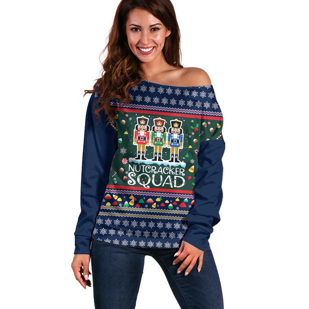 Nutcracker Squad Christmas Off Shoulder Sweater with Candy Cane and Snowflake Holiday Design - Wonder Print Shop